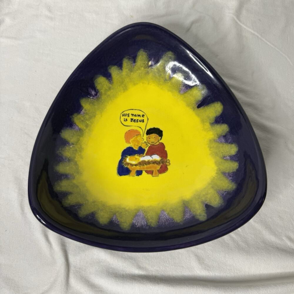 Handmade Ceramic Bowl Dish Display “His Name Is Jesus Novality Scene Blue/Yellow